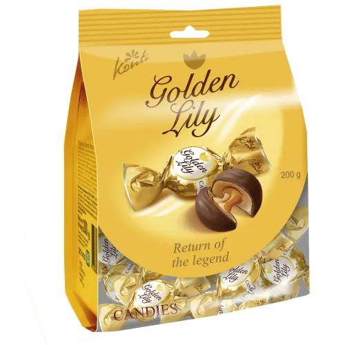 Toffikonfekt Golden toffee mit einer Füllung mit Milchgeschmack (22,1%) in kakaohaltiger Fettglasur (21%)