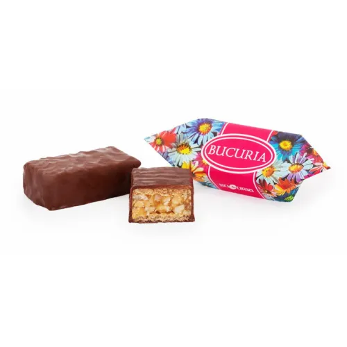 Bucuria Waffelschnitte in kakaohaltiger Fettglasur, mit Apfelpüree 30% und Erdnüssen 9%.