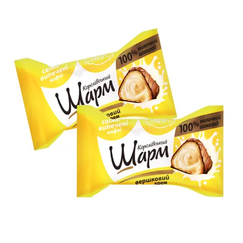 Korolivsky Sharm Gefülltes Waffelkonfekt mit Milchfüllung (56,5%) und mit kakaohaltigen Fettglasur (36%) umhüllt Milchschokolade enthält neben Kakaobutter auch pflanzliche Fette. Kakao in Milchschokolade: mindestens 34%