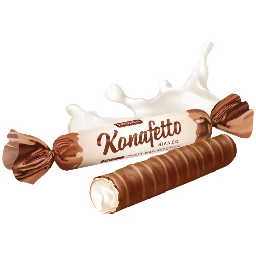 Waffelröllchen Konafetto bianco mit einer Cremefüllung mit Milchgeschmack (50%) in kakaohaltiger Fettglasur (29%)