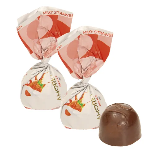 Amoretta Delice Milky Strawberry Konfekt doppelt gefüllt (milchhaltige Füllung & Erdbeerfüllung) in kakaohaltiger Fettglasur