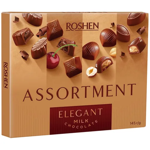 Assortment Elegant Ассорти из конфет из молочного шоколада с различными начинками. Содержит алкоголь.