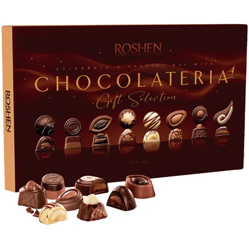 Chocolateria Assorti aus Schokoladekonfekt mit verschiedenen Füllungen und Konfekt. Enthält Alkohol. Konfektmischung besteht aus den Sorten: Schokol