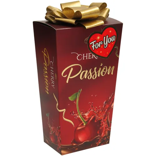 Cherry Passion Pralinen mit Kirschen in Alkohol. Schokolade enthält neben Kakaobutter auch andere pflanzliche Fette.