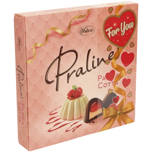 Panna Cotta шоколадные конфеты с кремом вкуса panna cotta (20%) и малиновой начинкой (30%).