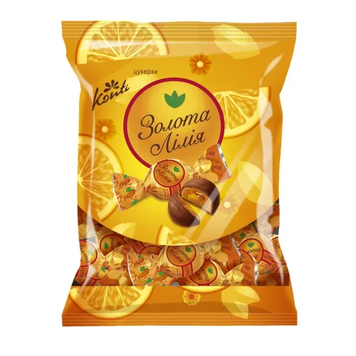 Toffikonfekt Golden toffee mit einer Füllung mit Orangengeschmack (22%) in kakaohaltiger Fettglasur (21%)