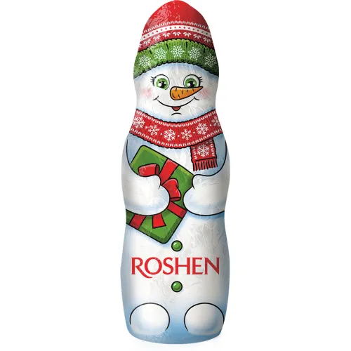Milchschokoladenhohlkörper Schneemann ROSHEN. Enthält neben Kakaobutter auch andere pflanzliche Fette. Kakao: 25% mindestens.