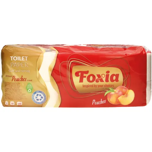 Foxia-Toilettenpapier, 3-lagig (10 Rollen x 140 Blätter). Mit Pfirsich-Duft