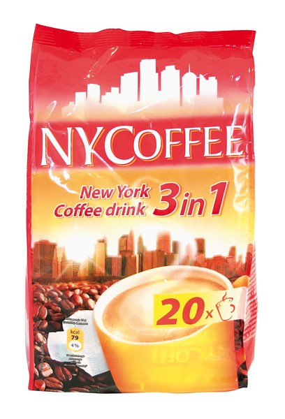 Lösliches Kaffeegetränkepulver in Portionsbeutel "NYCoffee Coffee Drink 3in1", 17g x 20 Beutel. Zube