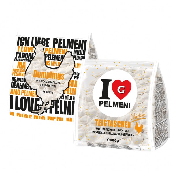Teigtaschen "I Love Pelmeni Chicken" mit Haehnchenfleisch- und Rindfleischfuellung, tiefgefroren