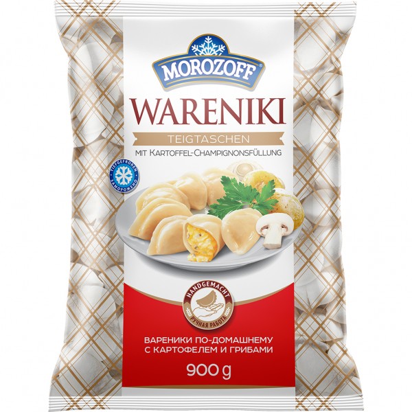 Teigtaschen "Wareniki" handgemacht mit Kartoffel-Champignonsfüllung, tiefgefroren