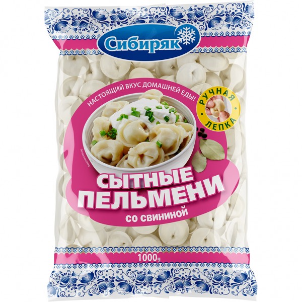 Handgemachte Russische Pelmeni – mit Schweinehackfleisch (44%) gefüllte Teigtaschen, tiefgefroren